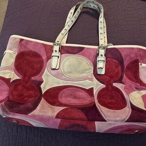 Coach Pink and Burgundy Suede Tote with White Leather Handles